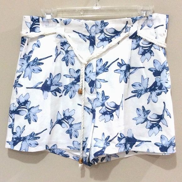 J.O.A. Floral Belted Linen Shorts Sz Lg New Flat Front High Rise Pockets - Picture 1 of 5